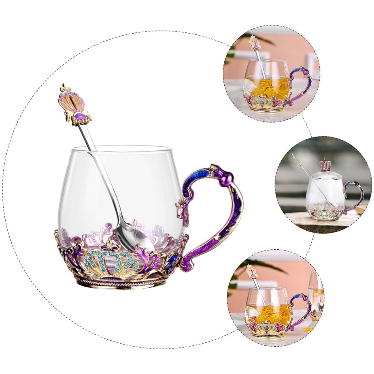 jojofuny Taza de Vidrio con Diseño Ergonómico y Resistente al Frío y Calor, Copa para Beber con Cuchara Incluida, Estilo Único Adecuado para Té y Jugos Color Aleatorio