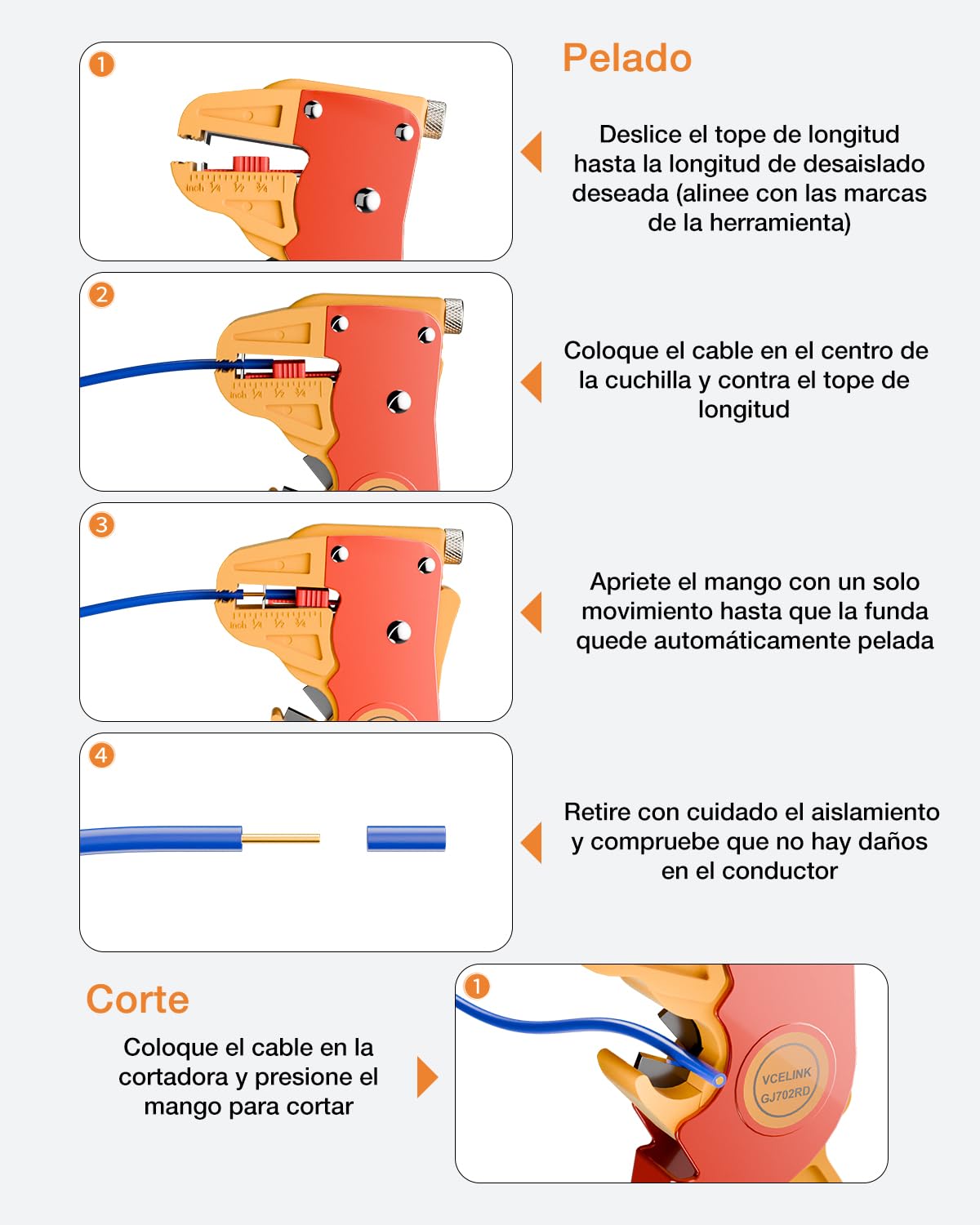VCELINK Pelacables Automático, 2-en-1 Pelacables Multifuncional de Ajuste Desmontaje del Alambre 0,2-6mm² para Pelar y Cortar Cables