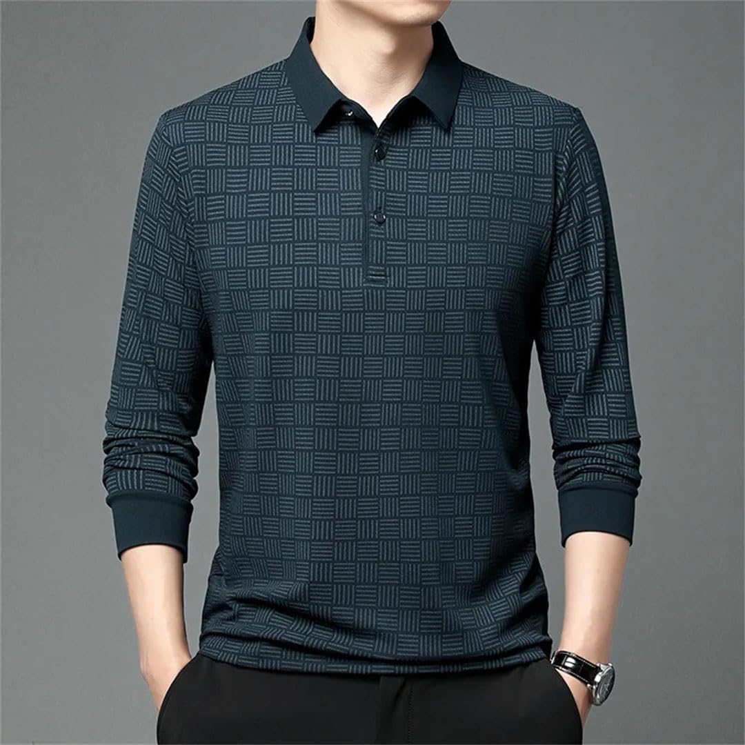 Camiseta polo de manga larga a cuadros para hombre, color liso, para hombre