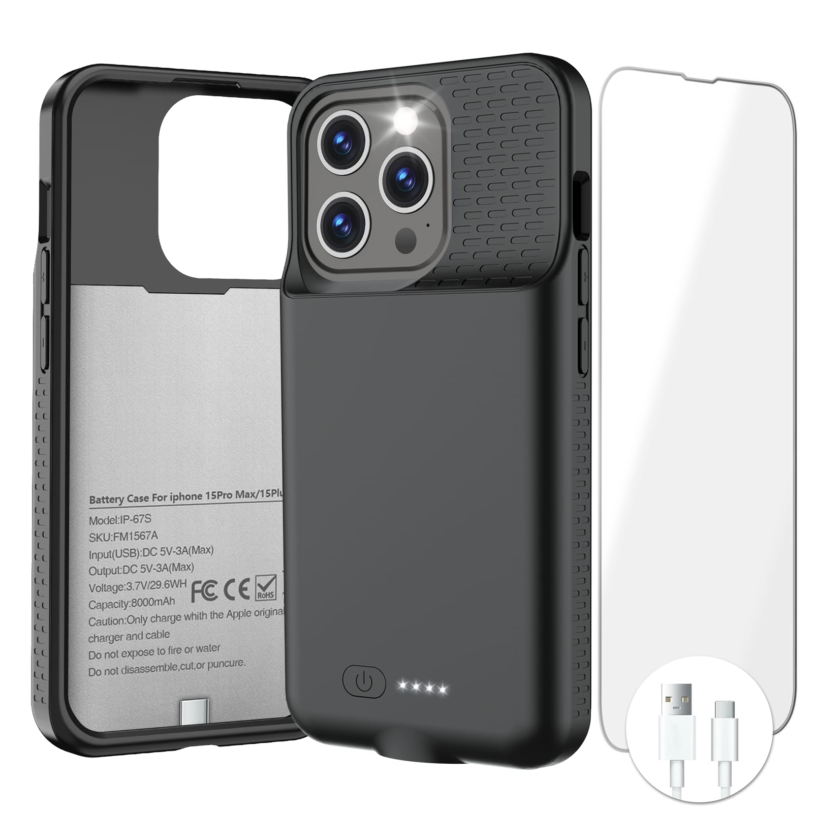 GIN FOXI Battery Case for iPhone 15 Pro Max/15 Plus, 15W Fast Charging Battery Charger Case Rechargeable Real 8000mAh Ultra-Slim Anti-Fall Protection Extended Charger for iPhone 15ProMax&15Plus(6.7