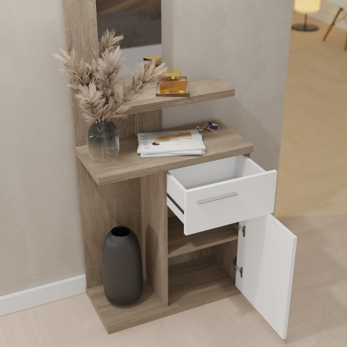 Somnia - Mueble Recibidor Vertical, Modelo Carl, Práctico y Funcional, Color Blanco, Medidas: 60,5 cm Largo x 28 cm Fondo x 117,5 cm Alto