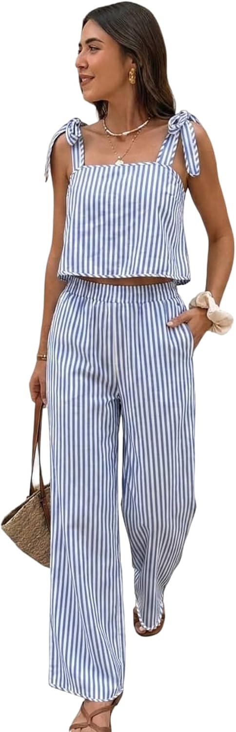 SOLY HUX Women's Summer Vacation 2 Piece Set Tie Shoulder Crop Top and Pants Travel Outfits