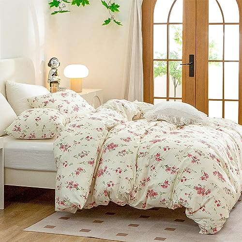 Floral Queen Duvet Cover, 100% Brushed Microfiber 3-Piece Queen Bedding Set, Red Floral Chic Garden Style Floral Print with Zipper Closure by CottonLife - Image 4