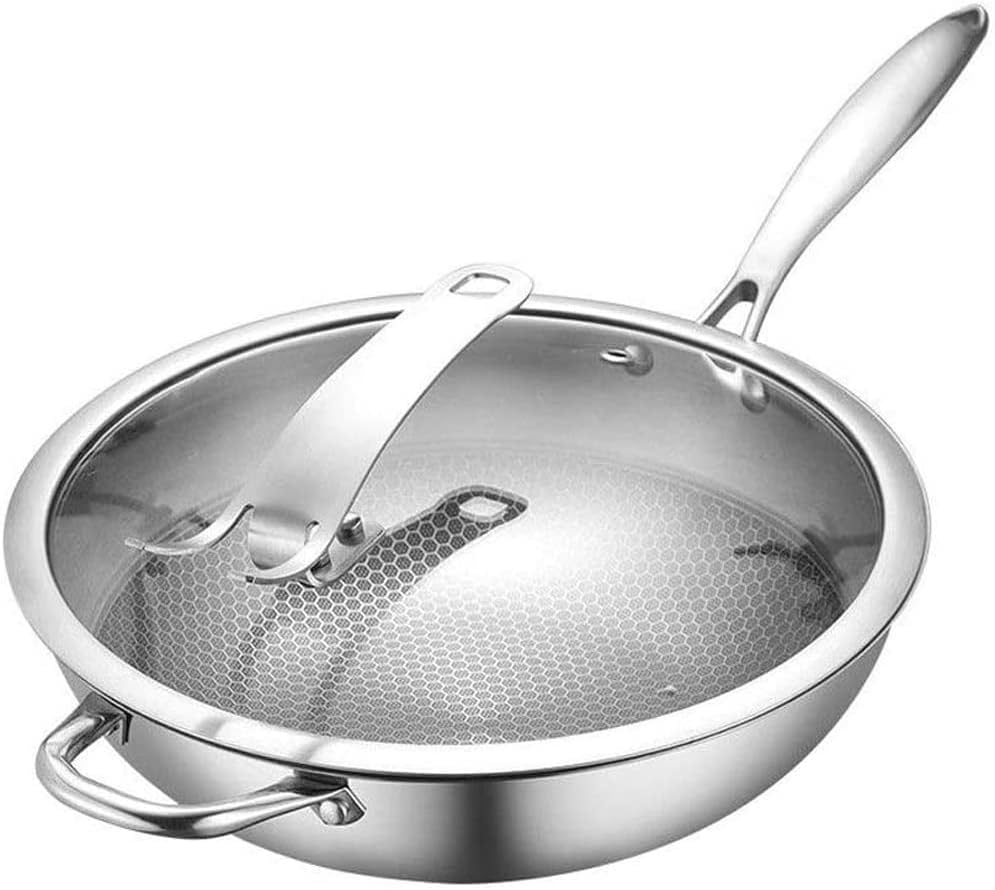 Saute Pan - Deep Frying Pan Non-Stick Stainless Steel Chef Cooking Pan Anti-Scratch Sauté Pan with Helper Handle for All Hobs