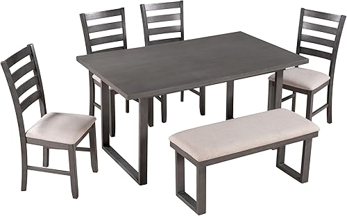 Miniatura 7 de Merax Juego de mesa de comedor de madera de 6 piezas con 4 sillas acolchadas y 1 banco muebles familiares para cocina color gris 3-6 piezas