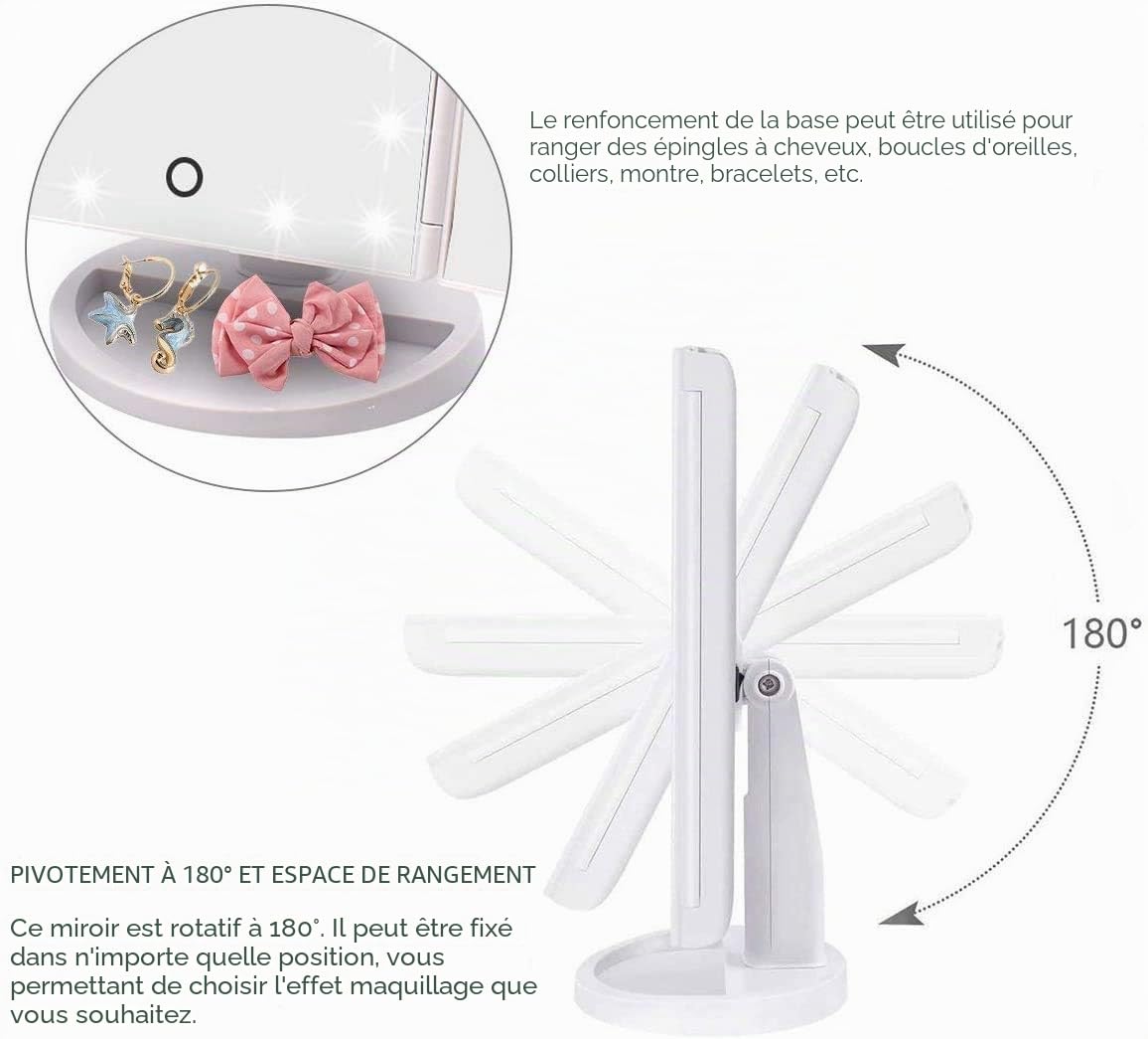 WEILY Miroir de Maquillage, 1x /2x/3x Miroir de Maquillage à Trois Volets avec 21 lumières LED et Miroir réglable à écran Tactile Miroirs de comptoir cosmétiques (Blanc)