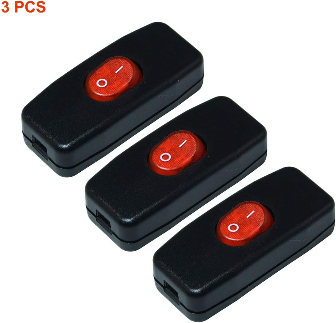 in-line 2A250V On/Off Double Pole Rocker Switch 2 Core Cable Light Lamps,Inline Cord Switch with LED Indicator(3 pcs)