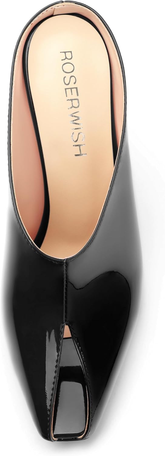 ROSERWISH Black Heeled Mules for Woman High Heel Mules Slip on Casual Slide Mules Square Toe Stiletto Heels Patent Comfortable Fashion Dress Shoes Size 8.5 - Image 4
