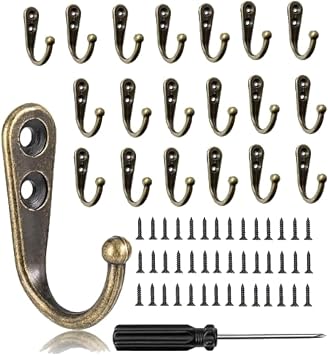 20 Pcs Small Coat Hooks Wall Mounted - Vintage Single Metal Robe Hooks for Door Hanging Keys Clothes - Brass Hooks with 40 Screws and Screwdriver