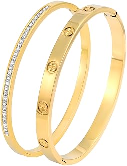 Camhanno Gold Bangle Bracelets for Women - 2PCS 18 K Gold Plated Stainless Steel Love Bangle Friendship Stack Bracelet Bangle for Her.
