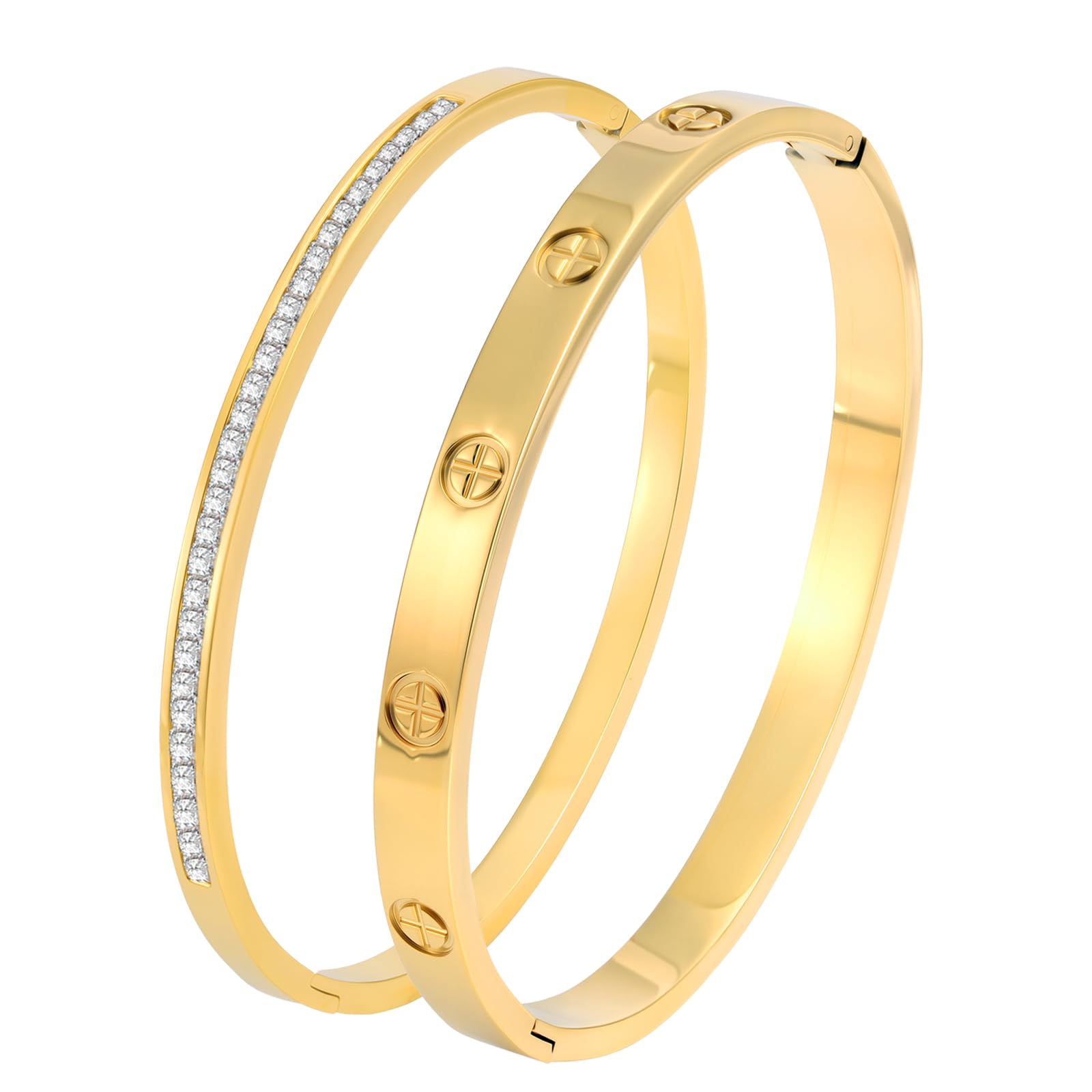CamhannoGold Bangle Bracelets for Women - 2PCS 18 K Gold Plated Stainless Steel Love Bangle Friendship Stack Bracelet Bangle for Her.
