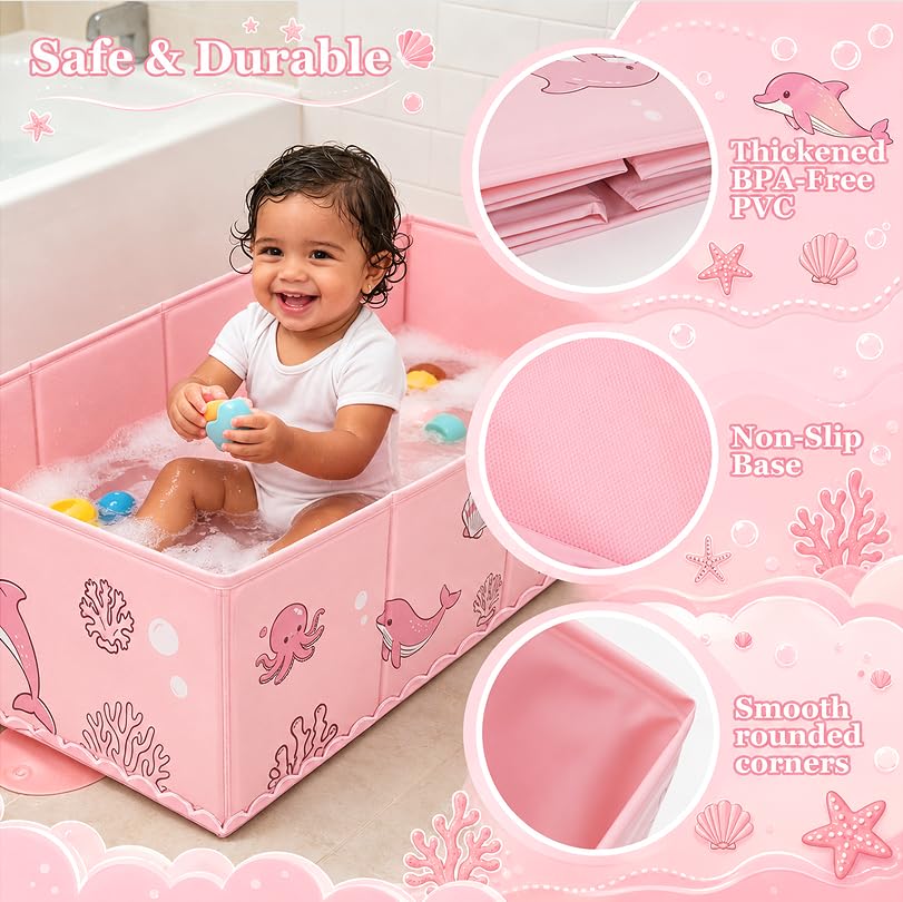 AirSwim Collapsible Baby Bathtub, Foldable Bathtub with a Drain Plug for 6M-4Y Infant Toddler, Space Saving Portable Baby Bath Tub for Travel, Quick Drain and Easy to Clean, No Assembly Required, Pink