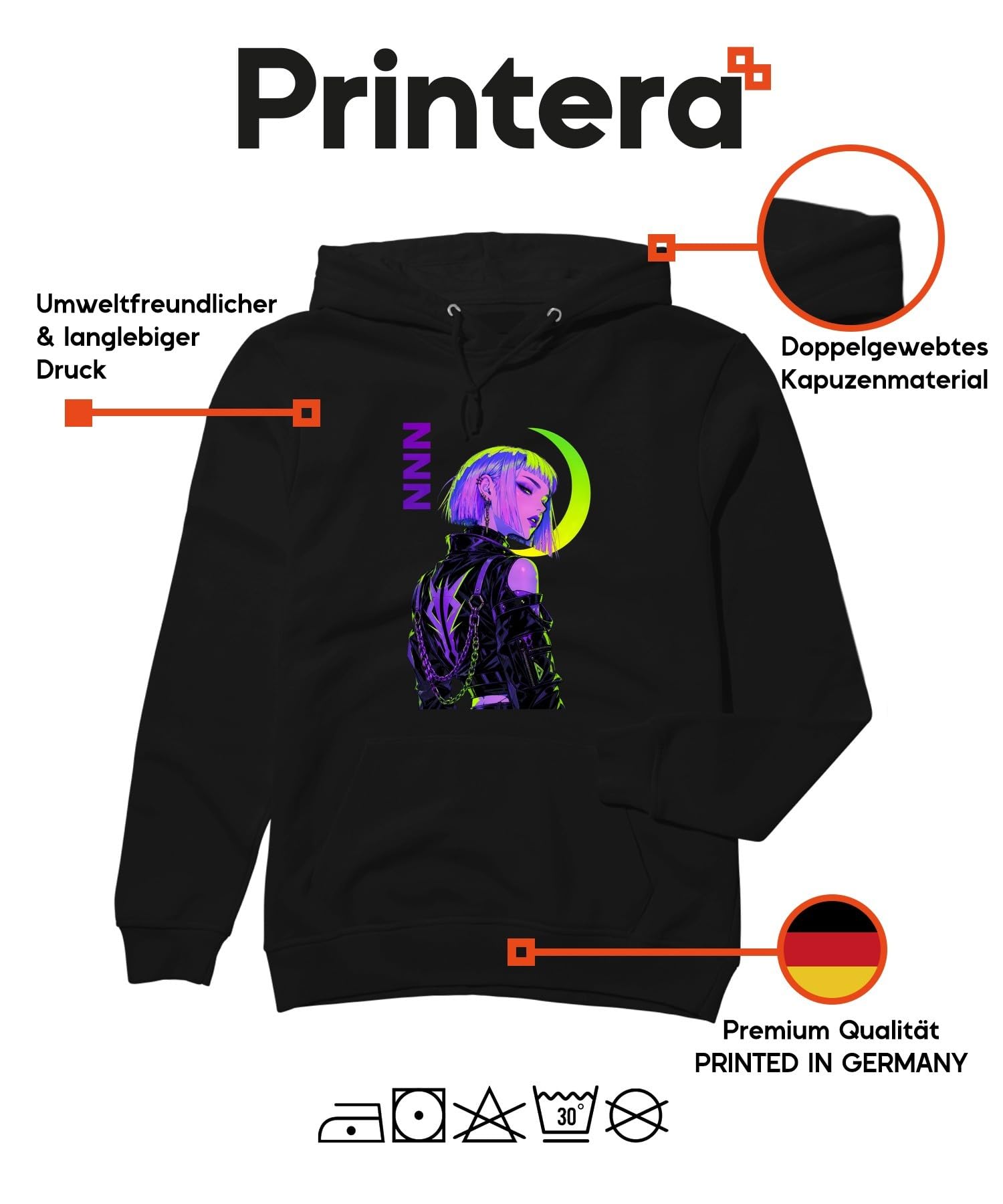 NNN Cyberpunk Anime Dziewczęca Japonia Y2K bluza z kapturem | Synthwave Vaporwave Futurismus No Nut Nout November Manga Streetwear Harajuku Fioletowy Zielony Piercing Cosplay Pomysł na