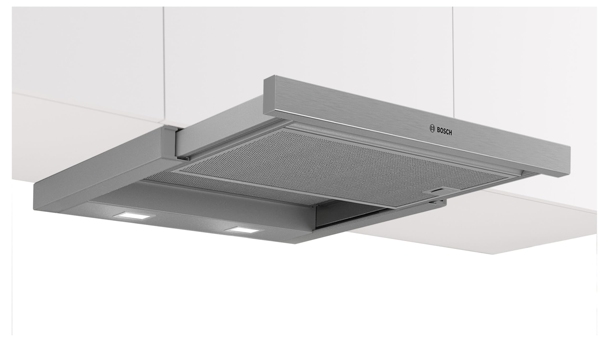 Bosch DFL064W54 Serie 2 Flachschirmhaube, 60 cm, Made in Germany, 3 Leistungsstufen, LED-Beleuchtung, Umluft- und Abluftbetrieb, spülmaschinenfeste Metallfettfilter, silber-metallic
