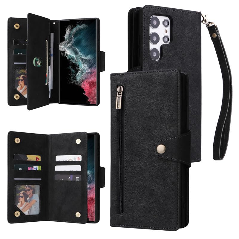 Étui Samsung Galaxy A05S portefeuille cuir noir housse rabat arrière fermeture éclair