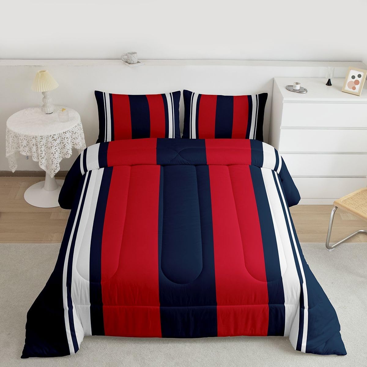 Feelyou Red Blue Comforter Set for Kids Boys Girls Strip Lines Comforter Queen SizeBedding Set Bedroom Decor Abstract Duvet Set Quilt Set 3Pcs