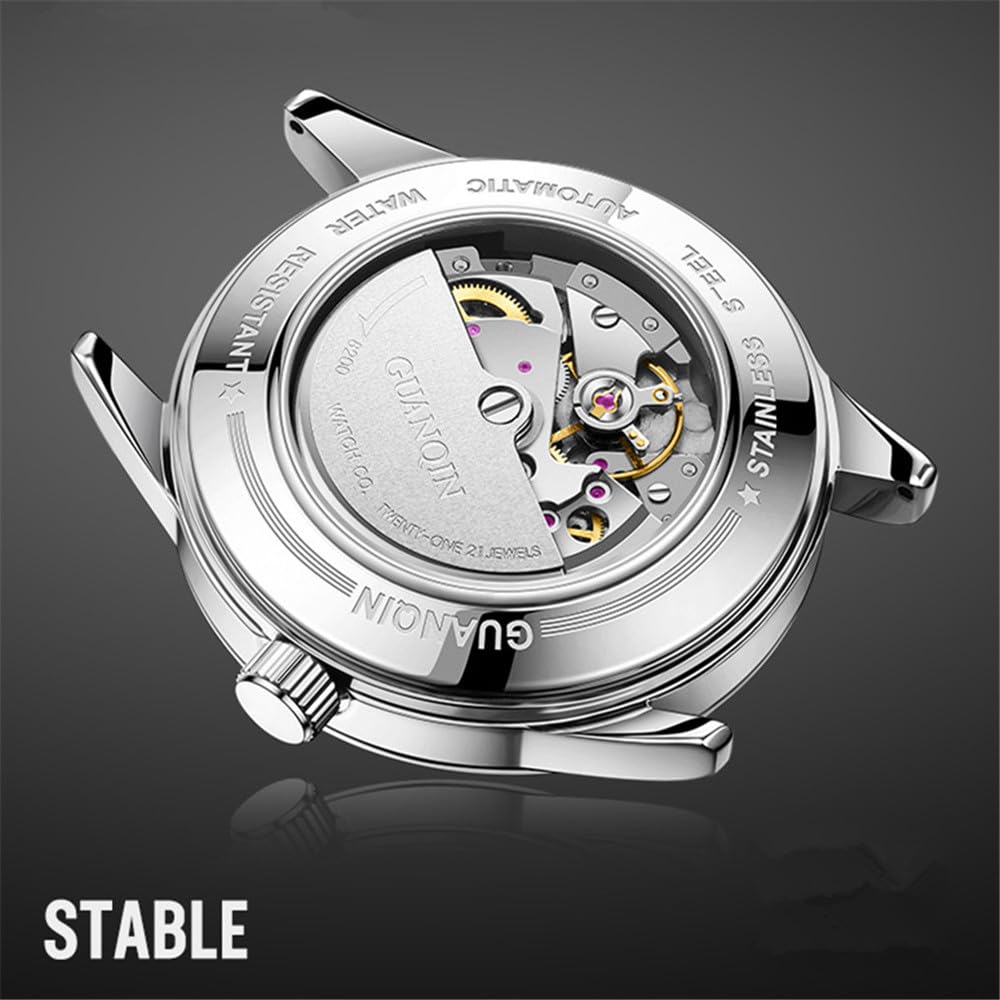 Guanqin Vintage Herren Multifunktions Automatik Selbstaufzug Mechanische Strass Uhr Saphir Business Kalender Leuchtende Mondphase Wasserdichte Uhr Stahl oder Lederband Armbanduhr