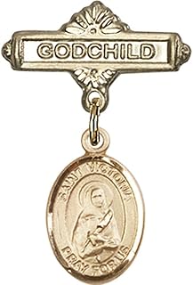 Gold Filled Baby Badge with St. Victoria Charm and Godchild Badge Pin 1 X 5/8 inches