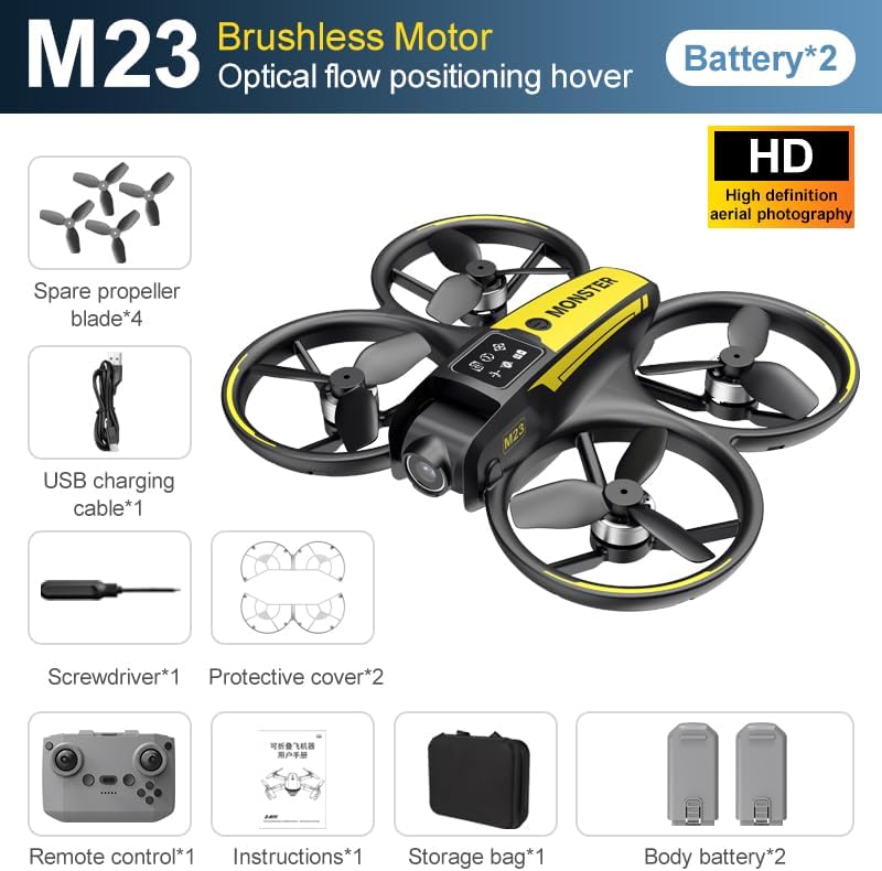 Diagram showing the SuperRC M23 drone hovering with red light beams indicating optical flow positioning from its bottom camera, enhancing stability.