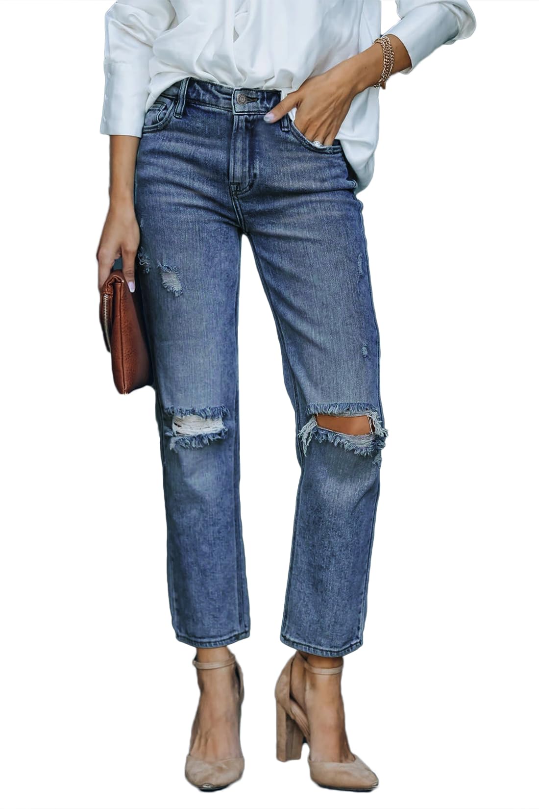 Lesore Womens High Waist Stretch Distressed Jeans Destroyed Denim Pants