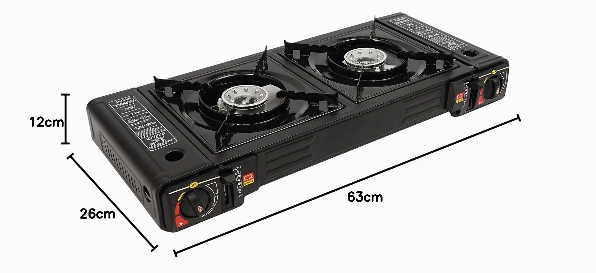 Fornello da campeggio a due fuochi, 2500 W, 2 manopole indipendenti, valvola di sovrappressione di sicurezza integrata, fornello a gas, consumo di gas 100 g/h, per cucinare all'aperto, picnic