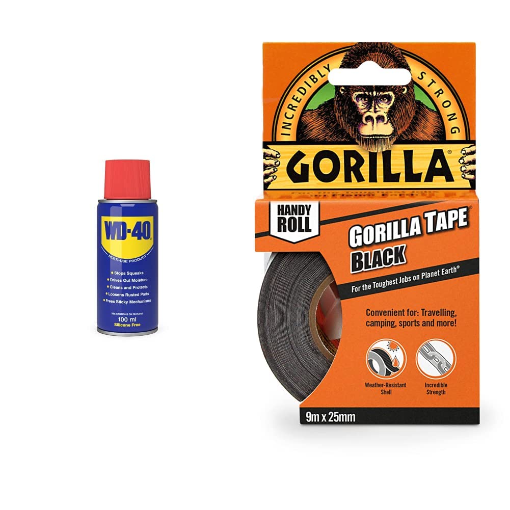 WD-40Multi-Use Product Original Spray Can 100ml & Gorilla Tape Handy Roll Black 9m