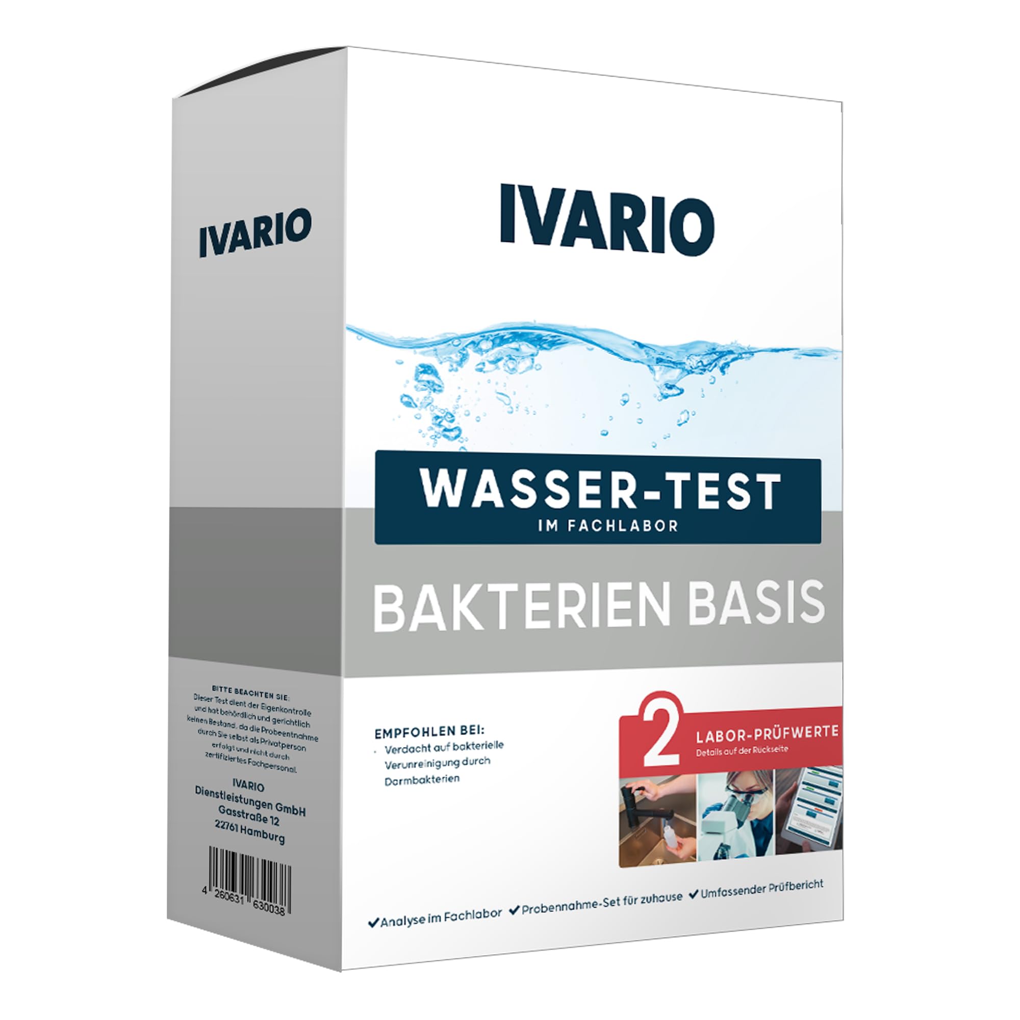 IVARIO Bakterien Basis Labor-Wassertest für Trinkwasser/Leitungswasser | Experten-Analyse im akkreditierten Deutschen Fachlabor/kostenlose Beratung/Einfache Probenahme