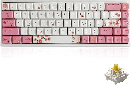 X BOYI Cherry Blossom Pink Gaming Keyboard,65% Compact 68 Keys Mini Hot Swap Tri-Mode BT/2,4G/Type-C Wireless Mechanical Keyboard with Dye-Sub PBT XDA Keycaps (Yellow Switch)