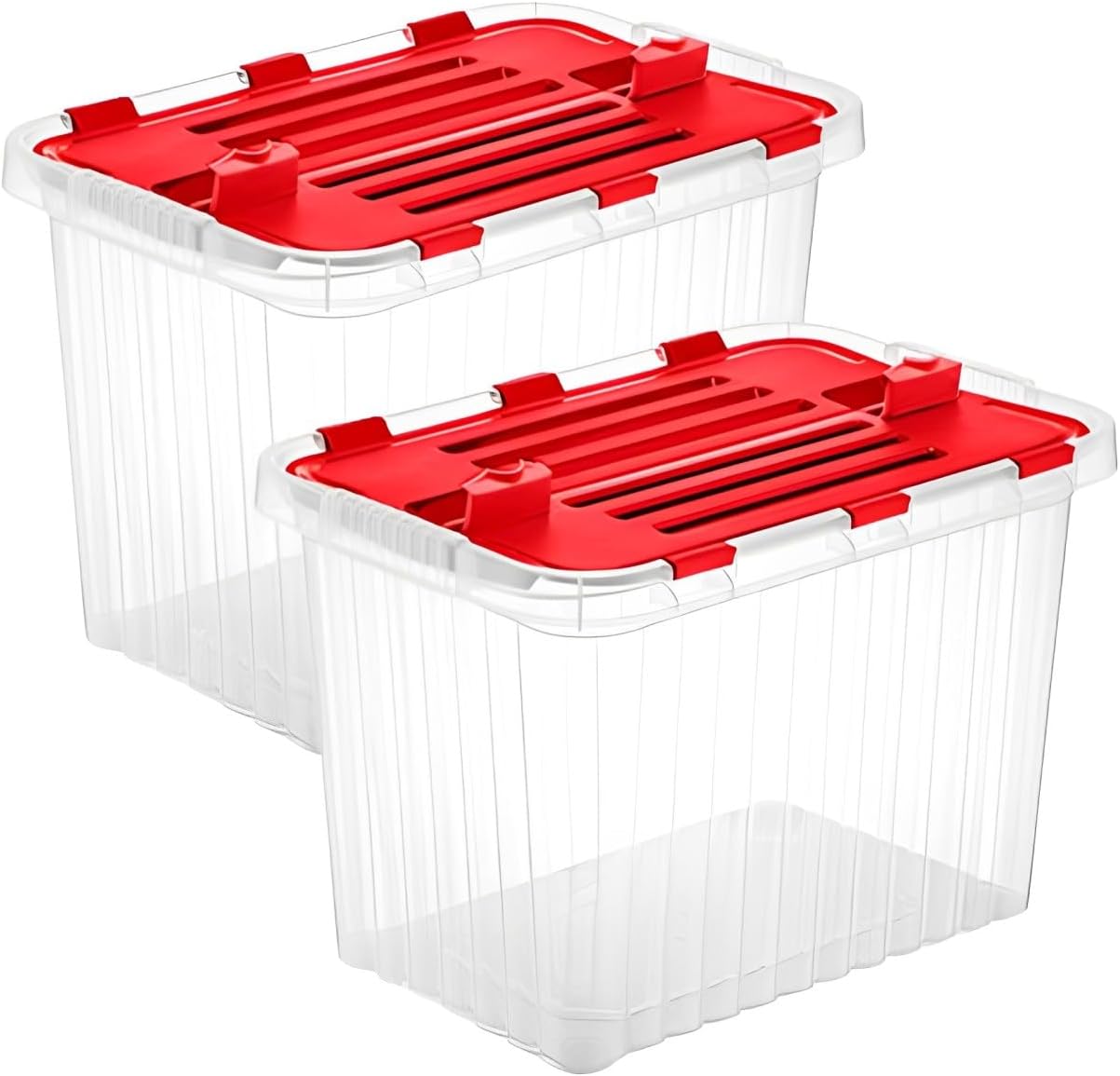 Superio Christmas Storage Box with Red Hinged Lids, 2 Pack Plastic Container Bins for Organizing with Attached Lid, Stackable Crates, BPA Free, Organizers for Home, Office, Dorm (2, 53 Quart)