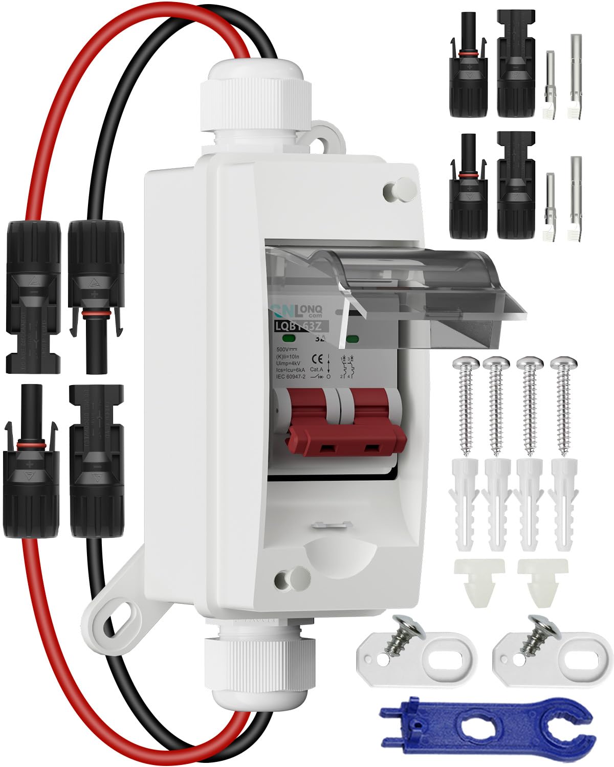 DC Trennschalter PV Anlage 32A 500V Sicherungsautomat 2polig IP65 Wasserdicht mit Kabel und Haken für Solarmodule Einspeisesteckdose Balkonkraftwerk