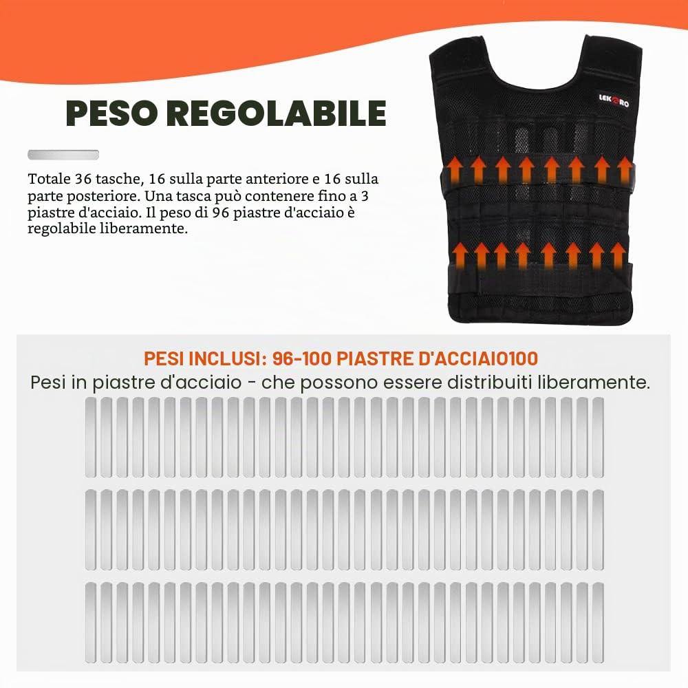 Set di Gilet Pesi Regolabili Con Pesi per Braccia e Gambe - Allenamento di Forza, Giacca e Caviglie in Nylon (Inclusi 96-100 Piastre in Acciaio)
