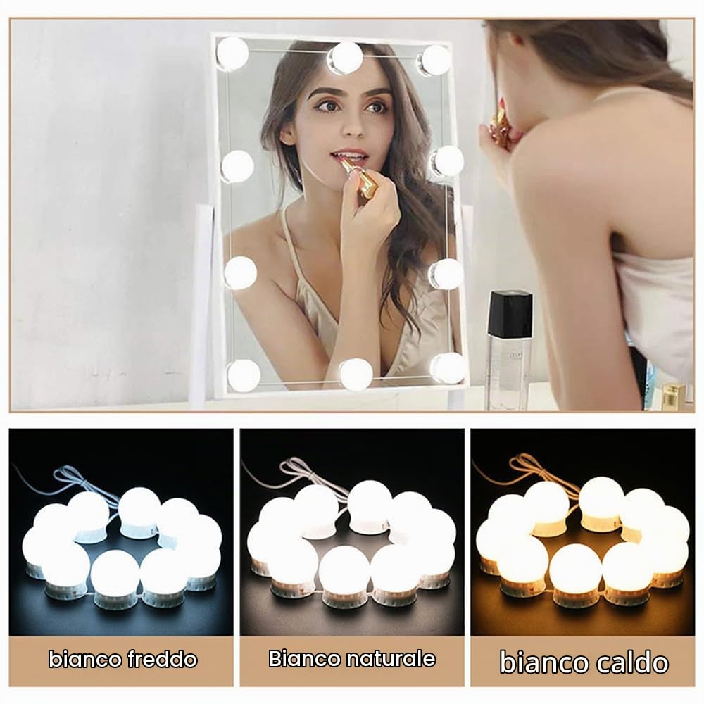 Luci da trucco per specchio LED Hollywood Luci per specchio Colore e luminosità regolabili Lunghezza Lampadina per trucco Luci per specchio Luci per trucco Toeletta Bagno 10 lampadine
