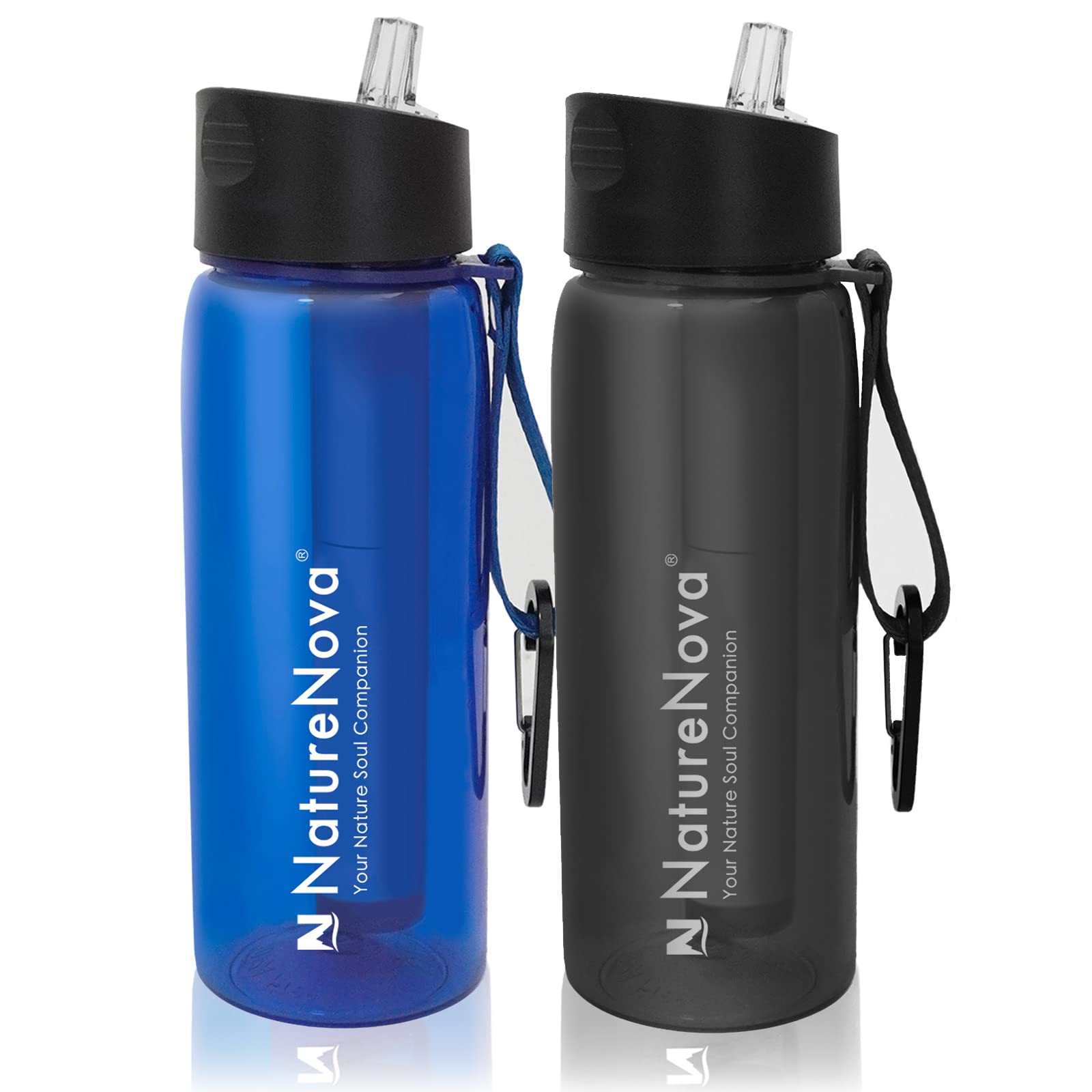 Botella de filtro de agua con filtro integrado de 4 etapas sin BPA para camping, senderismo, mochilero, emergencia y viajes, paquete de 2 unidades, negro/azul, 650 ml