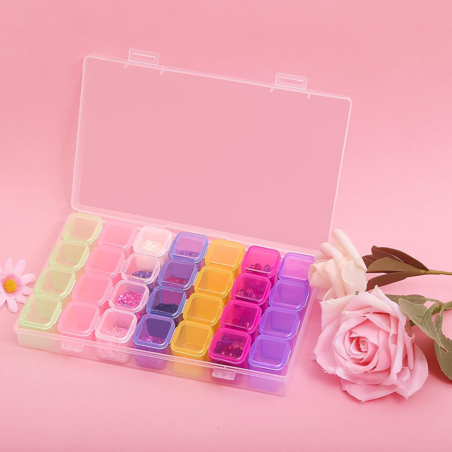 Gospire Small 28 Grids Diamond Box Clear Plastic Jewelry Craft Storage Container Diamond Painting Embroidery DIY Art Craft Accessory Organizer Case (Colorful)