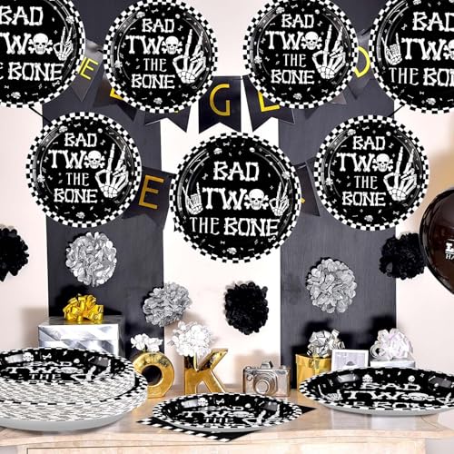 Image of Greencian 96Pcs Bad Two The Bone 2nd Birthday Party Supplies, Serve 24 | Black White Rock Plates and Napkins Bone Skull 2nd Birthday Tableware Set for Boy Skeleton Rock And Roll Party Decorations