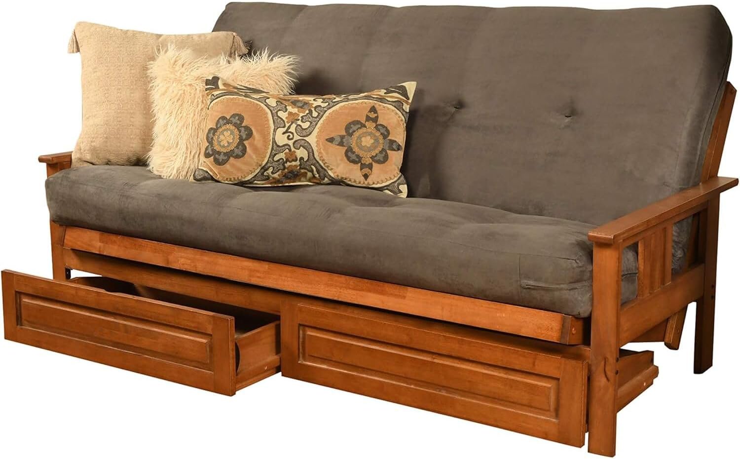 HomeStock Modern Muse Wood Futon Frame Set with Storage Drawers, Classic Style with Mission Style Arms with Solid Pattern with Foldable Feature for Lounge Room with Tight Back Suede Gray/Barbados