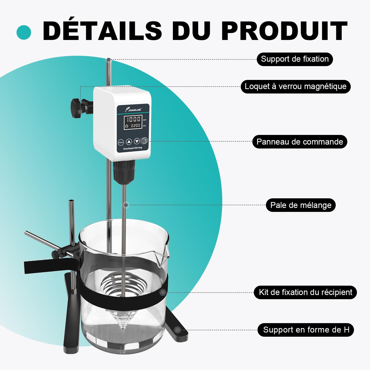 JOANLAB Agitateur Magnétique Overhead Stirrer, Mélangeur Laboratoire 36W avec Pale et Support Inox, Vitesse Ajustable 100-1200 tr/min, Minuterie Numérique 1min-24h, pour 10L & 20000 mPas(OS-5S)