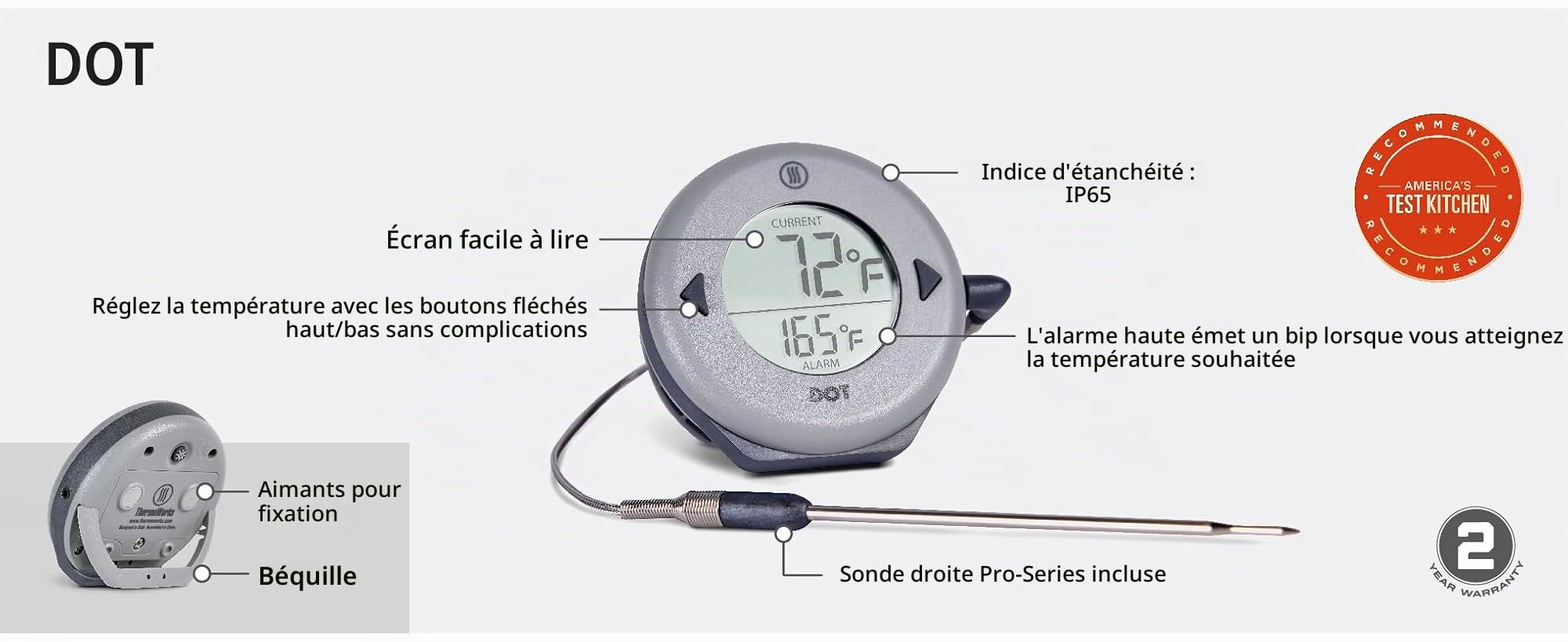 ThermoWorks DOT Thermomètre à alarme simple préféré des chefs (rouge poivre de ayenne)