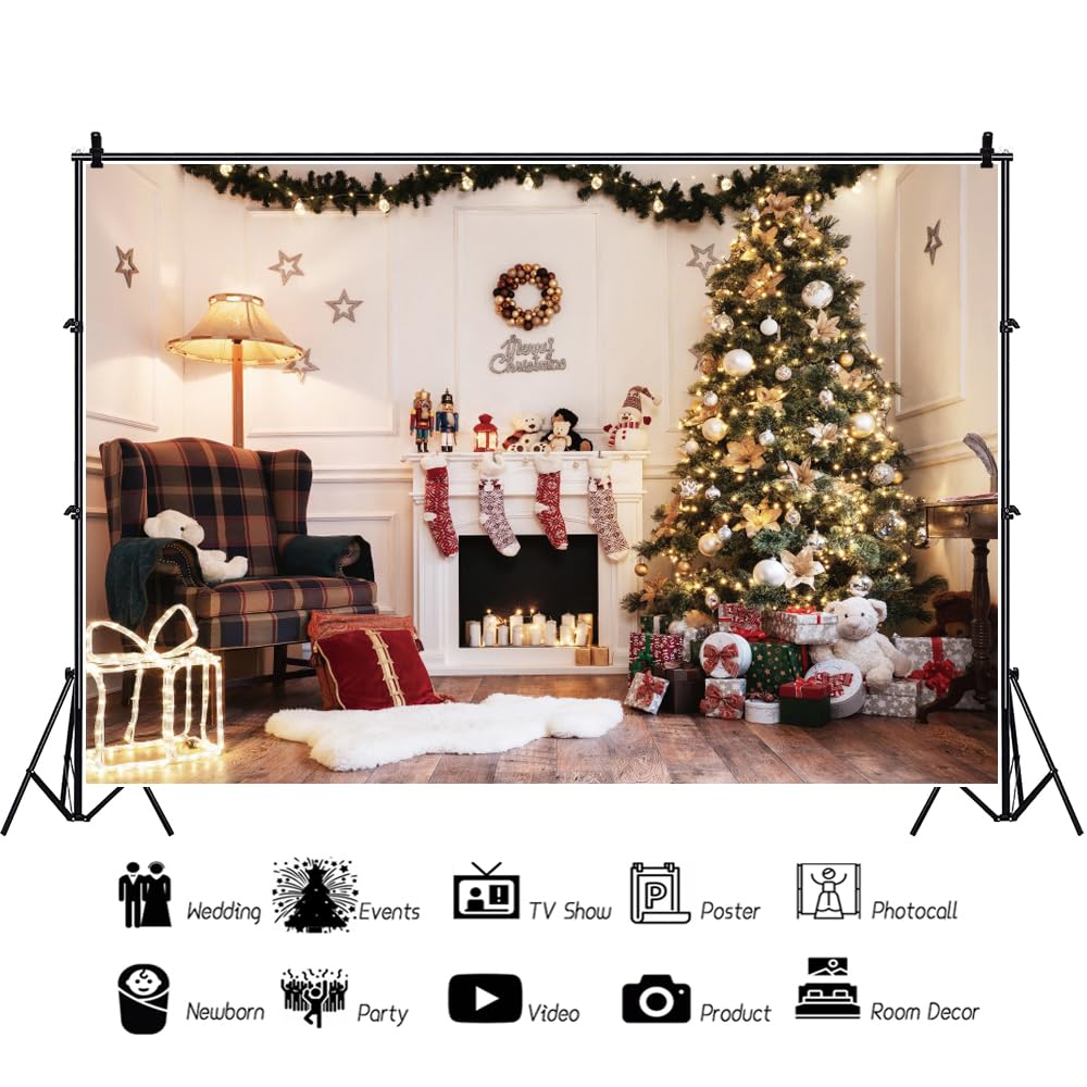 Avezano Kerstachtergrond - witte open haard winter foto achtergrond met kerstboom en familie kinderen partij decoraties (8x6ft