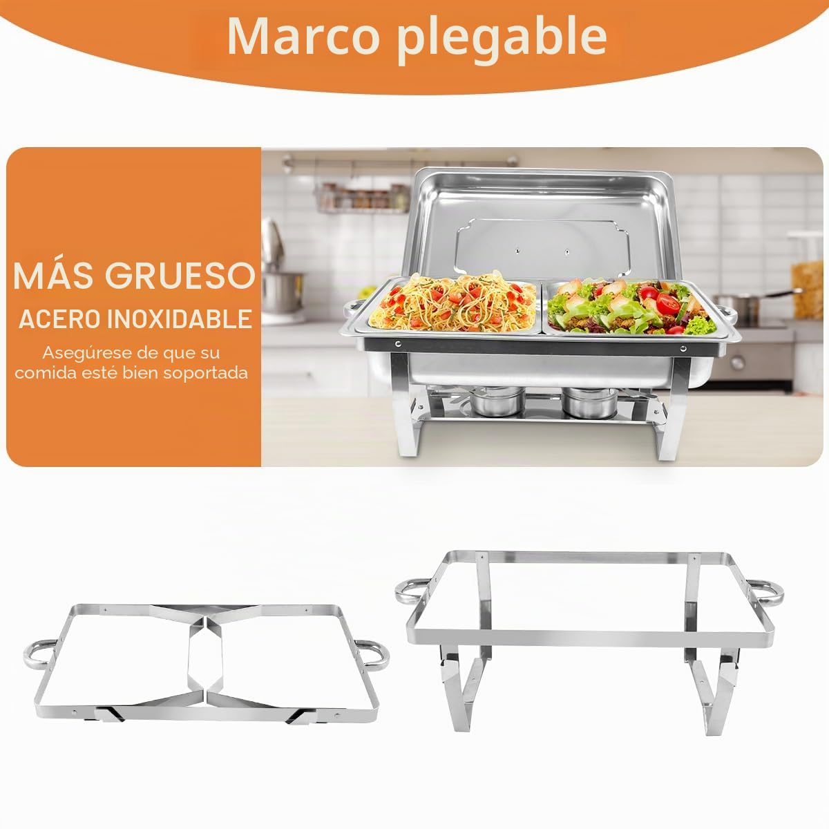 Calentador de Alimentos Bufé, Servidor de Calentador Buffet, Chafing Dish de Acero Inoxidable para Buffet con Pinzas y Cucharas para Fiestas, Catering, Banquetes (4 unidades, 8 x GN 1/2)
