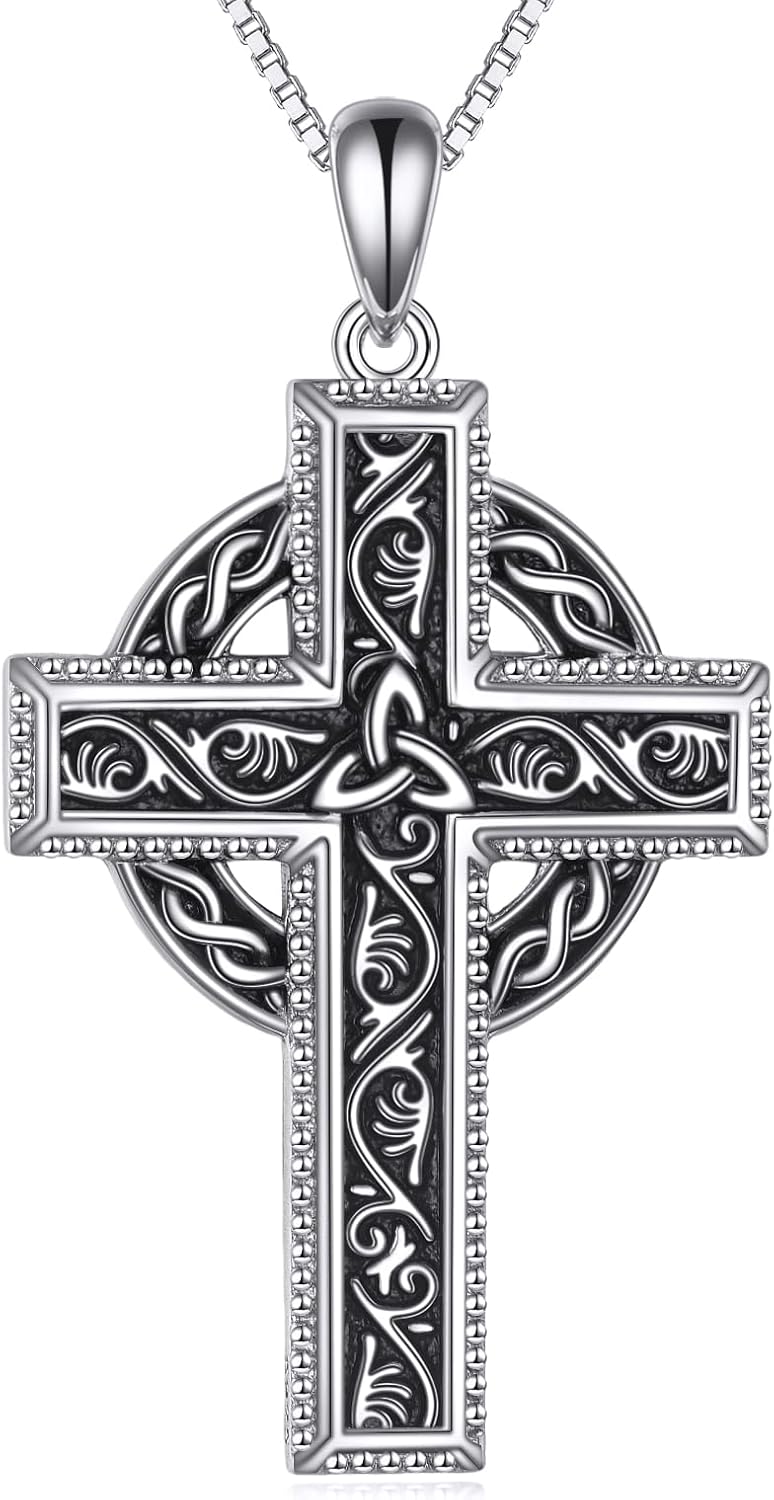 Celtic Cross Necklace 925 Sterling Silver Viking Knot Cross Pendant Vintage Christian Jewelry Gift for Men Women