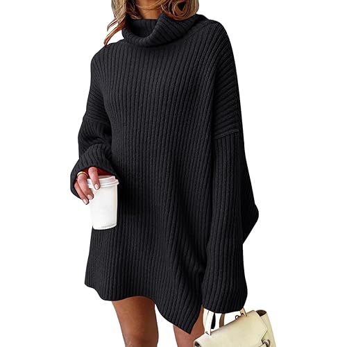 LILLUSORY Womens Turtleneck Oversized Long Batwing Sleeve Fall Sweater 2023 Plus Size Tunic Pullover Ribbed Knit Dresses