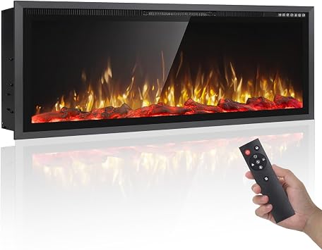 PRETZI 50 inch Electric Fireplace Ultra Narrow Frame & Wide Screen, Electric Fireplace Insert/Wall Mounted with Heater, Adjustable Flame Color and Brightness, Remote Control/Timer, 750/1500w