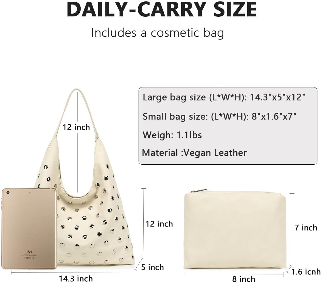 Studded Hobo Bag for Women, Vegan Leather Tote Purse, Soft Slouchy Shoulder Bag - Image 4