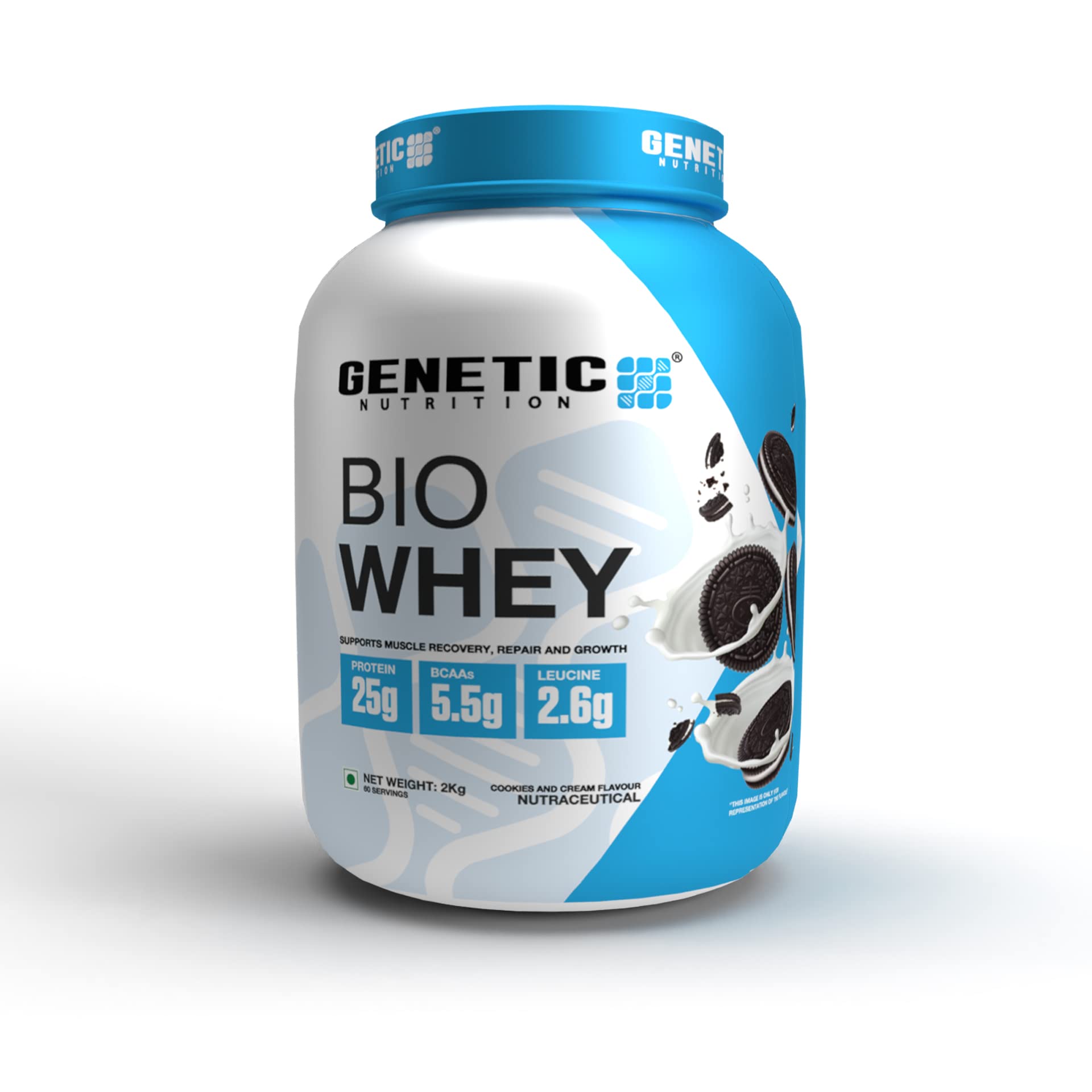 Genetic Nutrition Bio Whey Protein Powder | 25g Protein, 5.5g BCAAs,2.6 g Leucine per serving | Whey Protein Supplement for Muscle Recovery, Repair and Growth - Cookies and Cream, 2 KG (4.4 lbs)