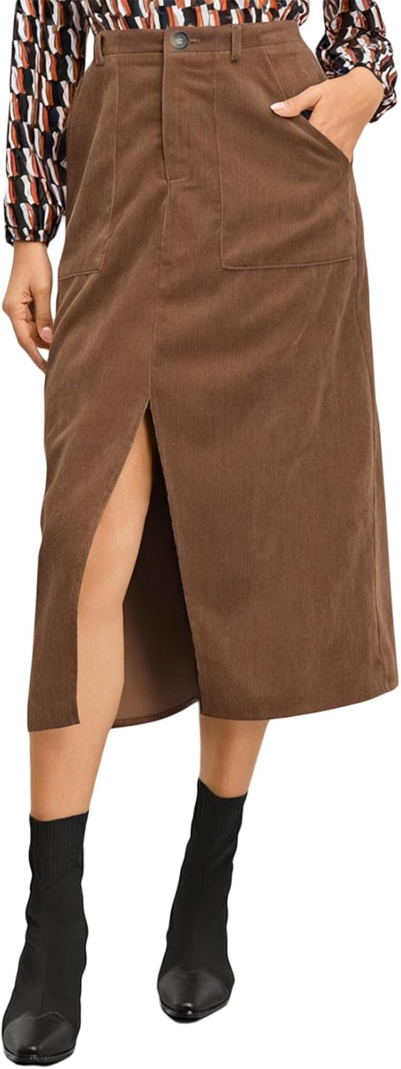 Happy Sailed Womens Corduroy Skirts Casual Dressy High Waist A Line Split Midi Skirt with Pockets