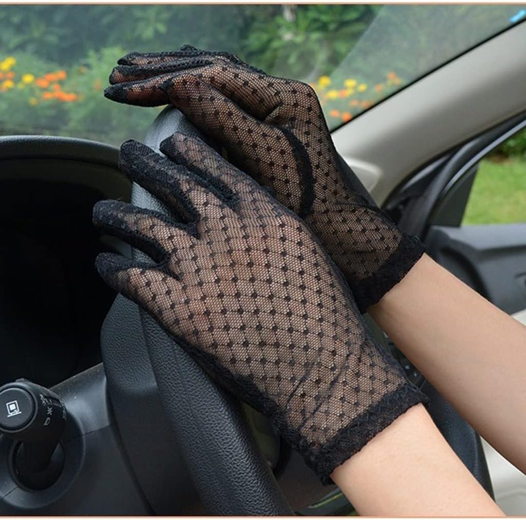 Women's Breathable Stretch Sexy Black Translucent Five Finger Driving Sun Gloves