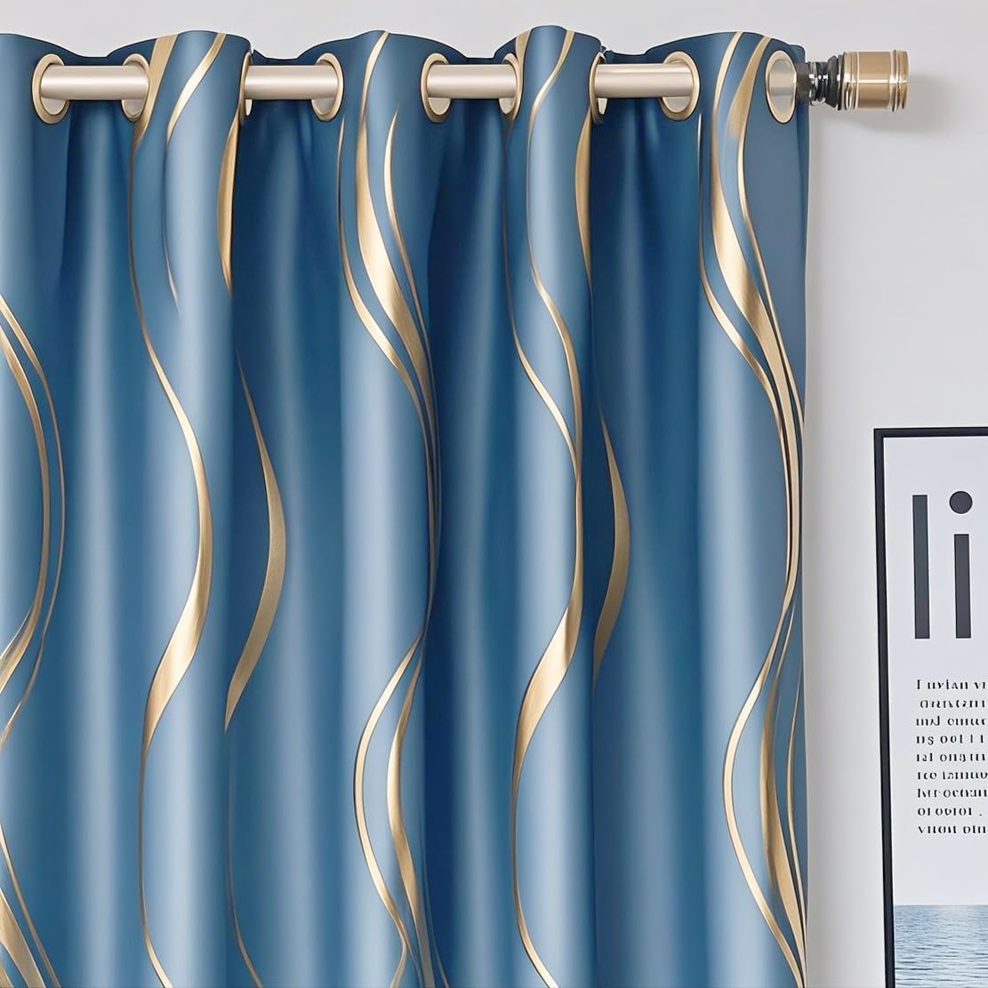 MYRU 2 Panels Set Luxury Striped Blackout Curtains for Bedroom Living Room (Blue and Gold, 2 x 66x84 Inch)