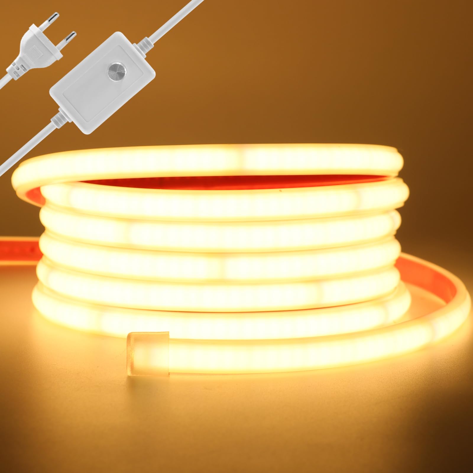 Dimmbar LED Band 20M, Wasserdicht IP65 Warmweiß LED Leuchtband Selbstklebend,240LEDs/m Superhell Flexible FCOB LED Strip(Schnitt alle 10cm), Anschluss an AC230V COB Streifen für Weihnachten