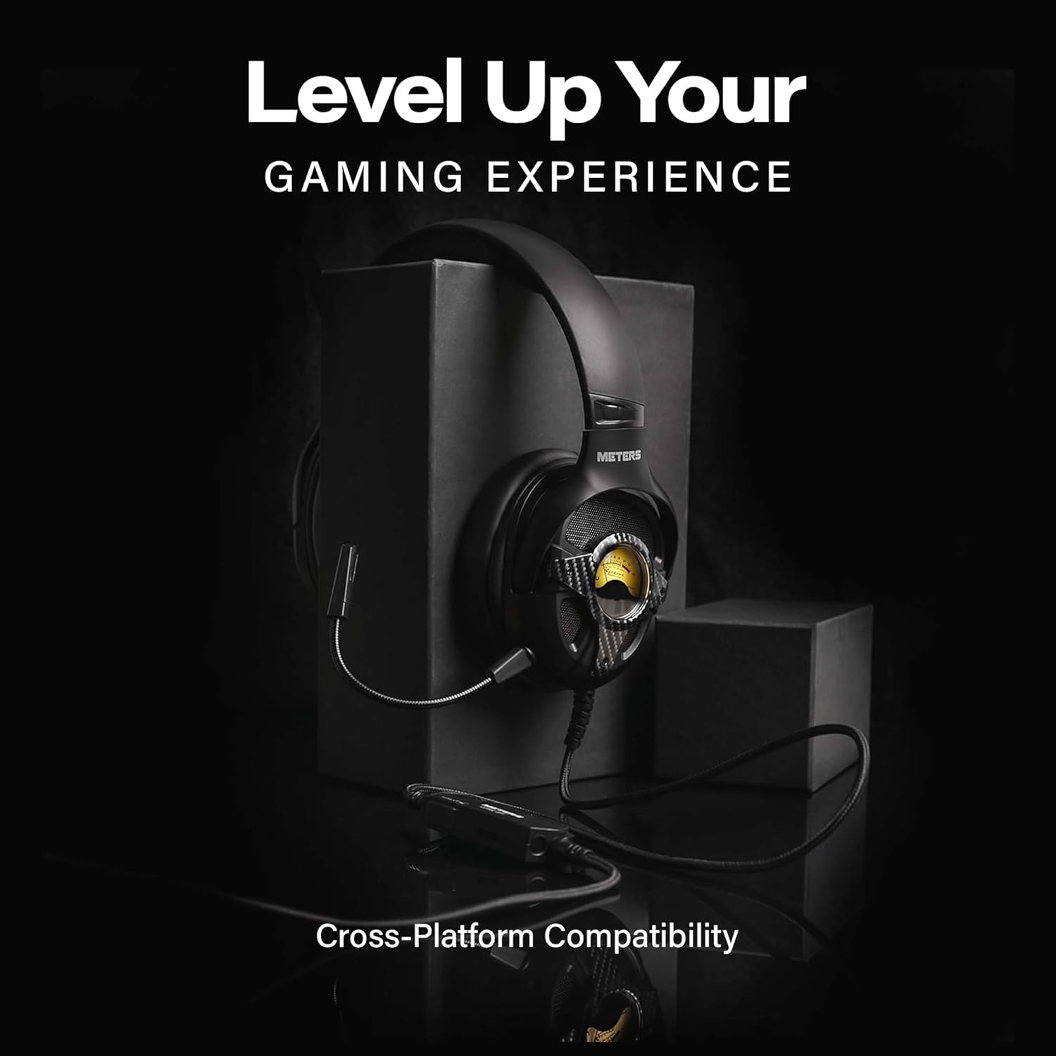 Meters Level-Up Gaming Headsets with RGB VU Virtual 7.1 Surround Sound, 50mm Drivers & Detachable Mic - USB Gaming Headphones Compatible with PC, Laptop & PS4 - Zero Latency (Carbon)